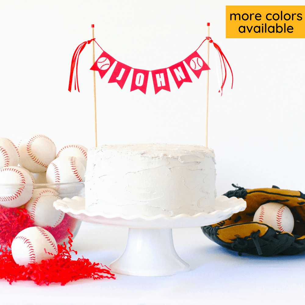 red baseball theme birthday cake topper with name and small baseballs