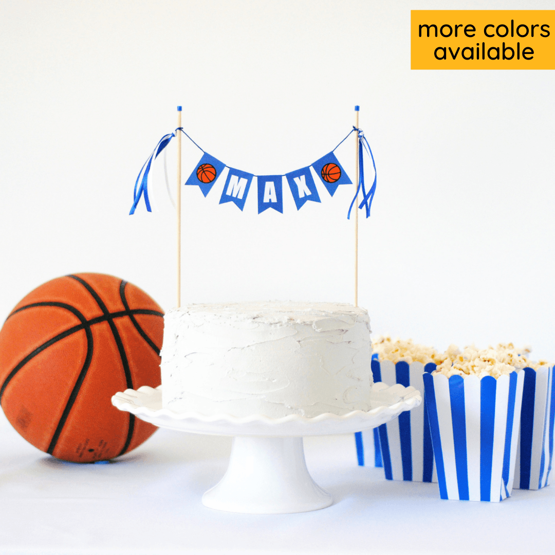 basketball cake topper personalized with name and small basketballs on each end