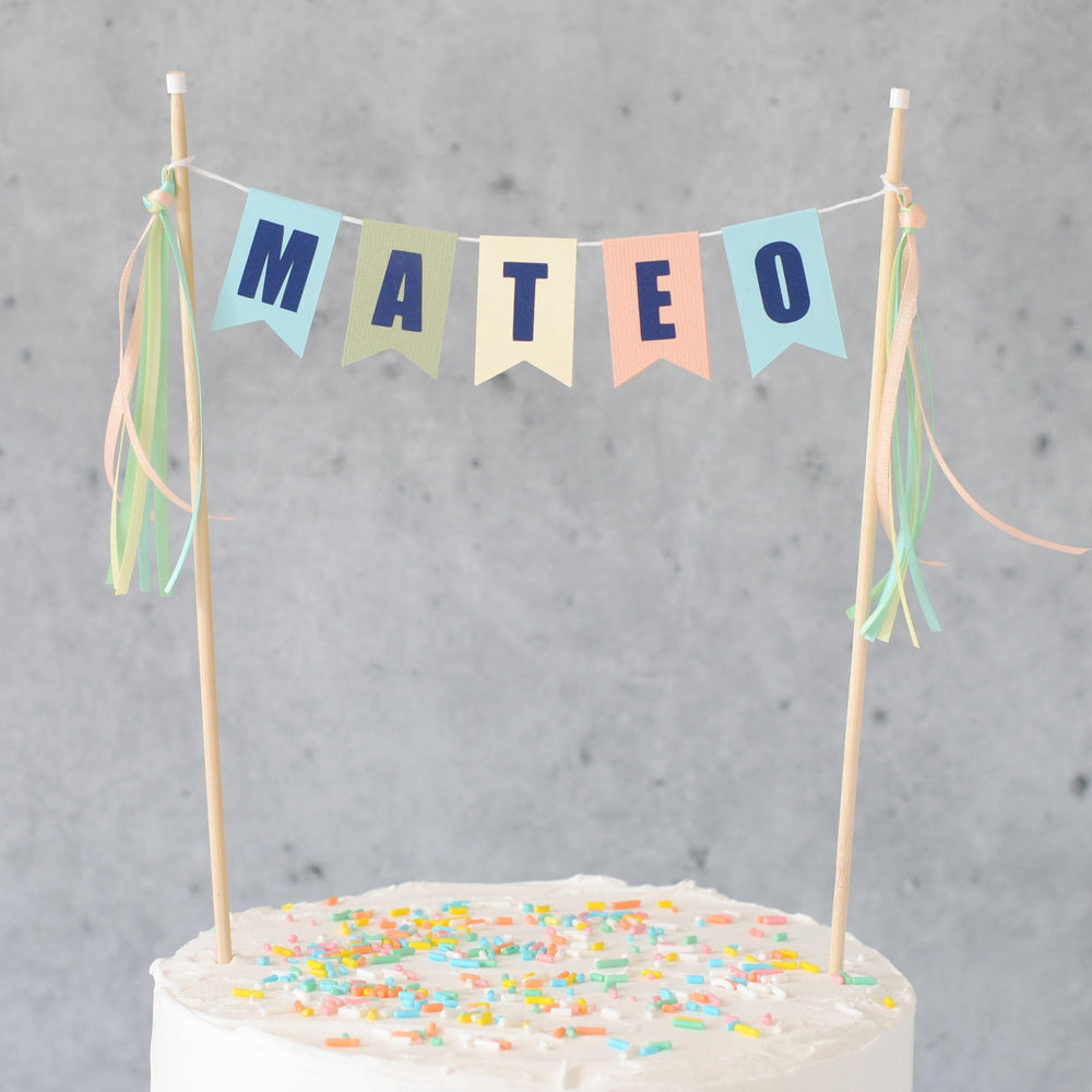
                  
                    pastel birthday cake topper in boy colors with dark blue letters
                  
                