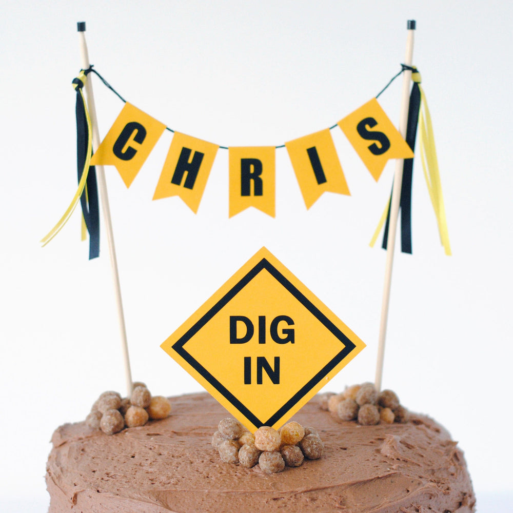 construction theme birthday cake topper set with dig in construction sign and matching personalized name banner