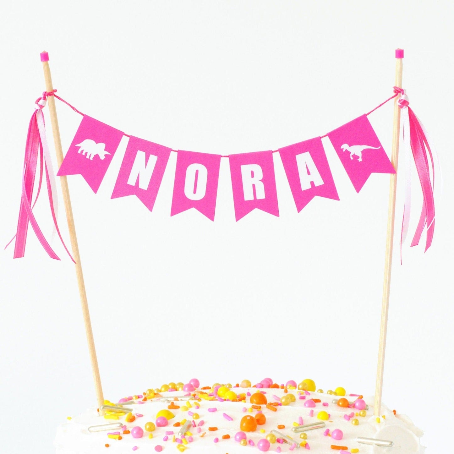 
                  
                     bright pink cake topper name banner with dinosaur flags at each end for girls dinosaur birthday
                  
                