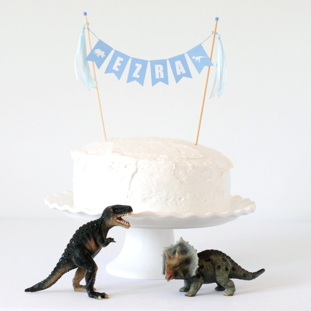 
                  
                    light blue cake topper with name personalized for dinosaur theme birthday party
                  
                