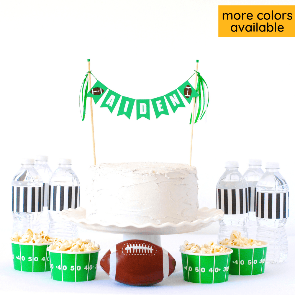 
                  
                    personalized football birthday cake topper with name and little footballs
                  
                