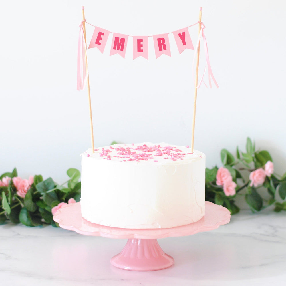 
                  
                    girls personalized birthday cake topper in pink with dark pink letters made by Avalon Sunshine
                  
                
