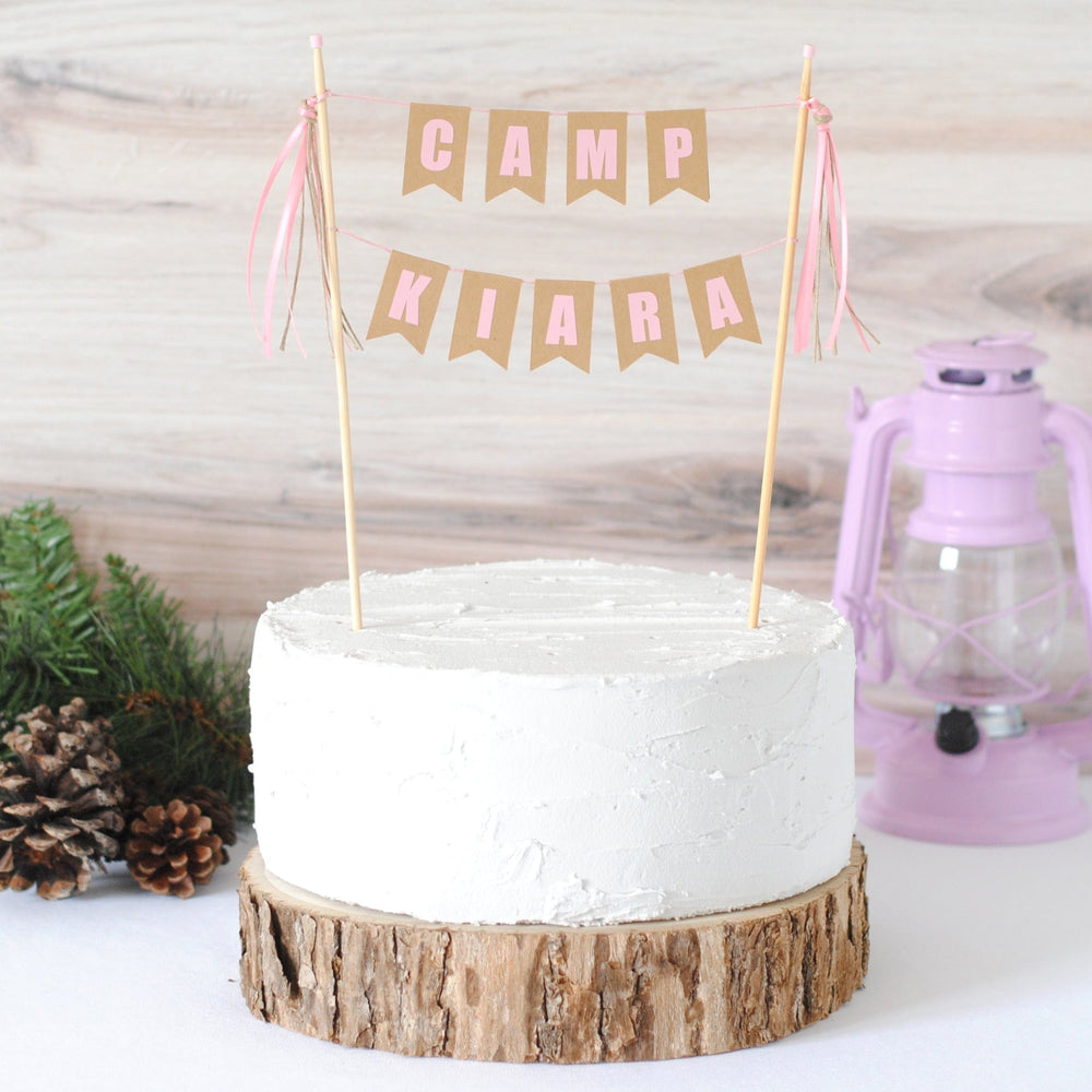 Glamping birthday party cake topper personalized with CAMP and the child's name pink pink
