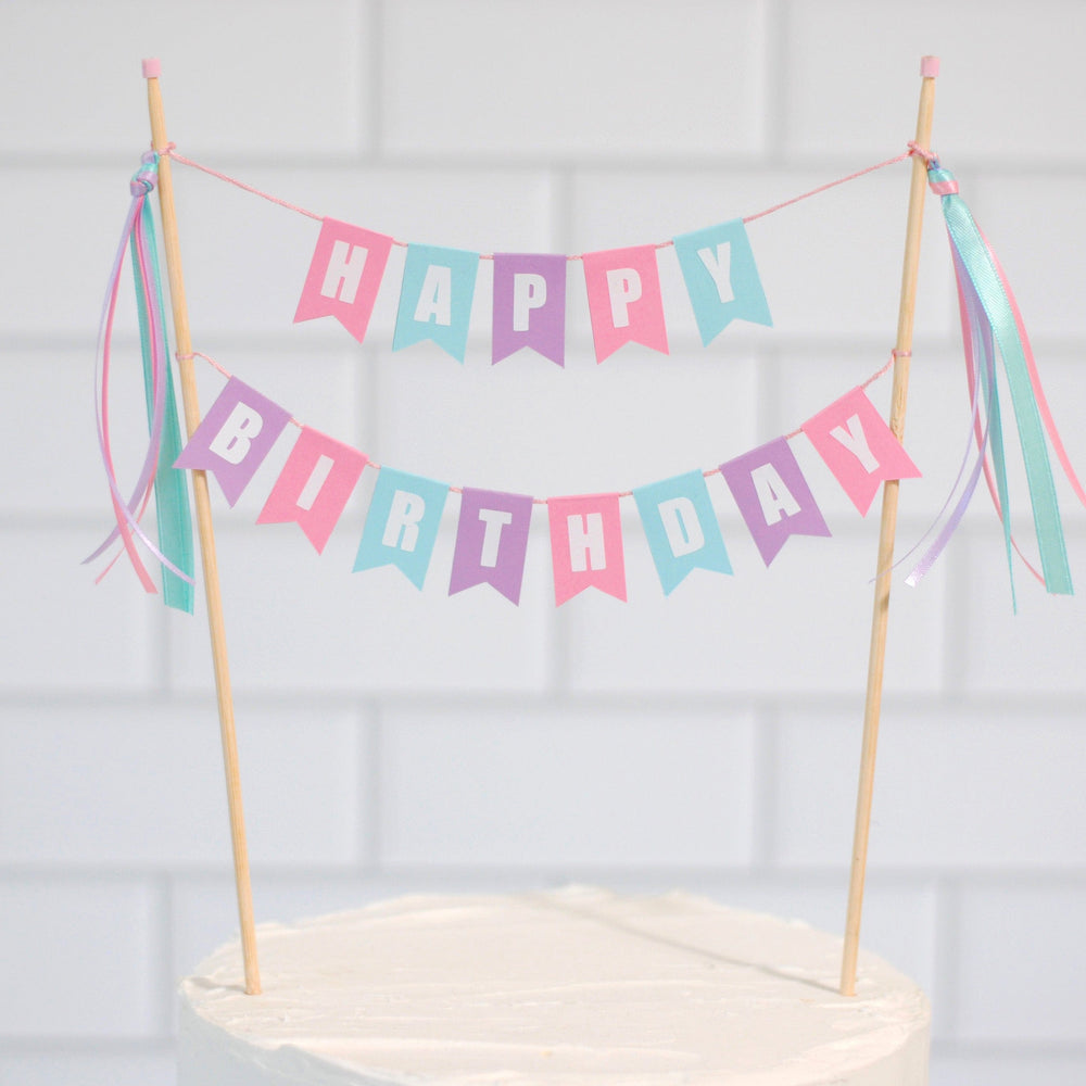 
                  
                    HAPPY BIRTHDAY cake topper in pastel pink, purple and aqua | cake toppers by Avalon Sunshine
                  
                