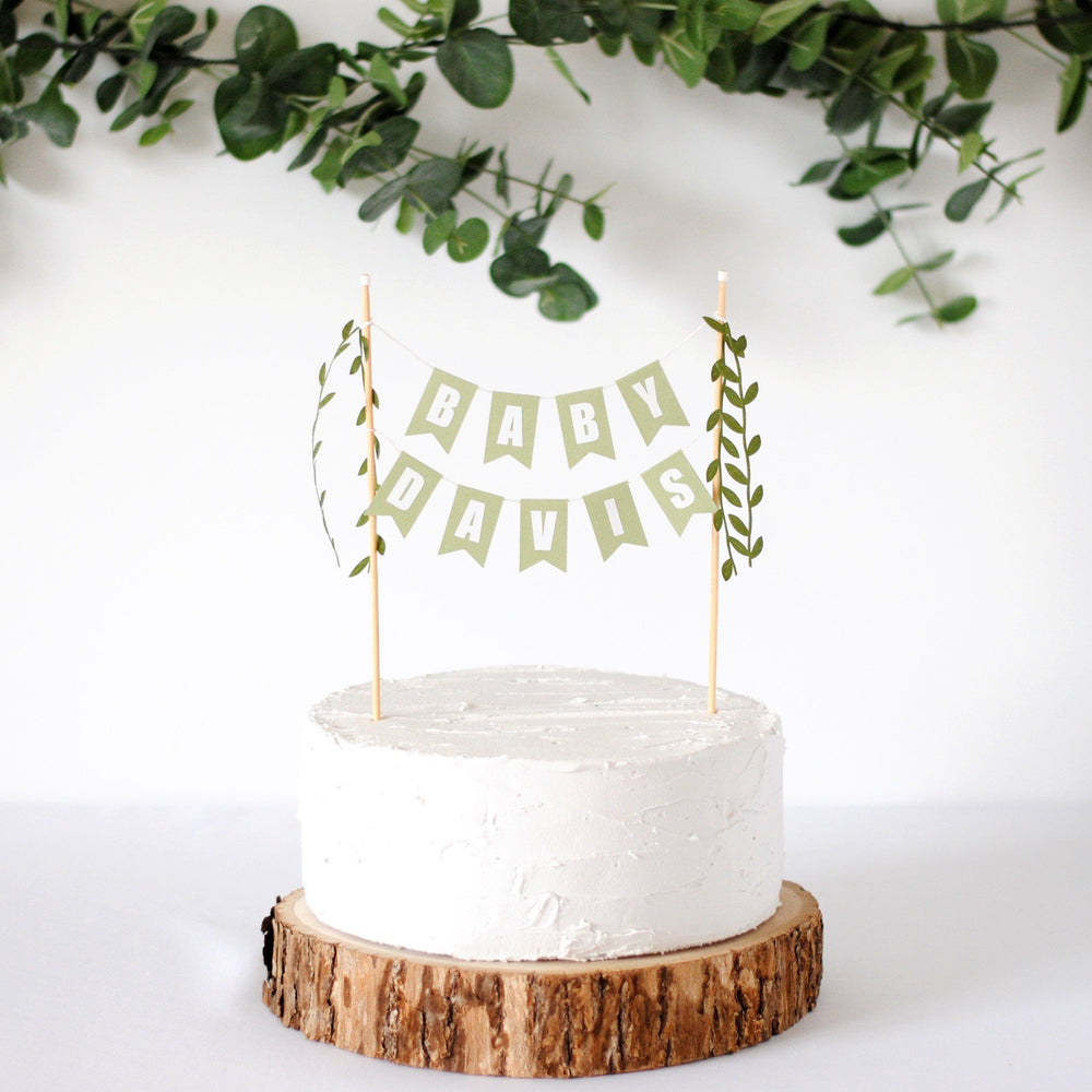 Green Ribbon Topper Greenery Baby Name Cake Topper | Avalon Sunshine