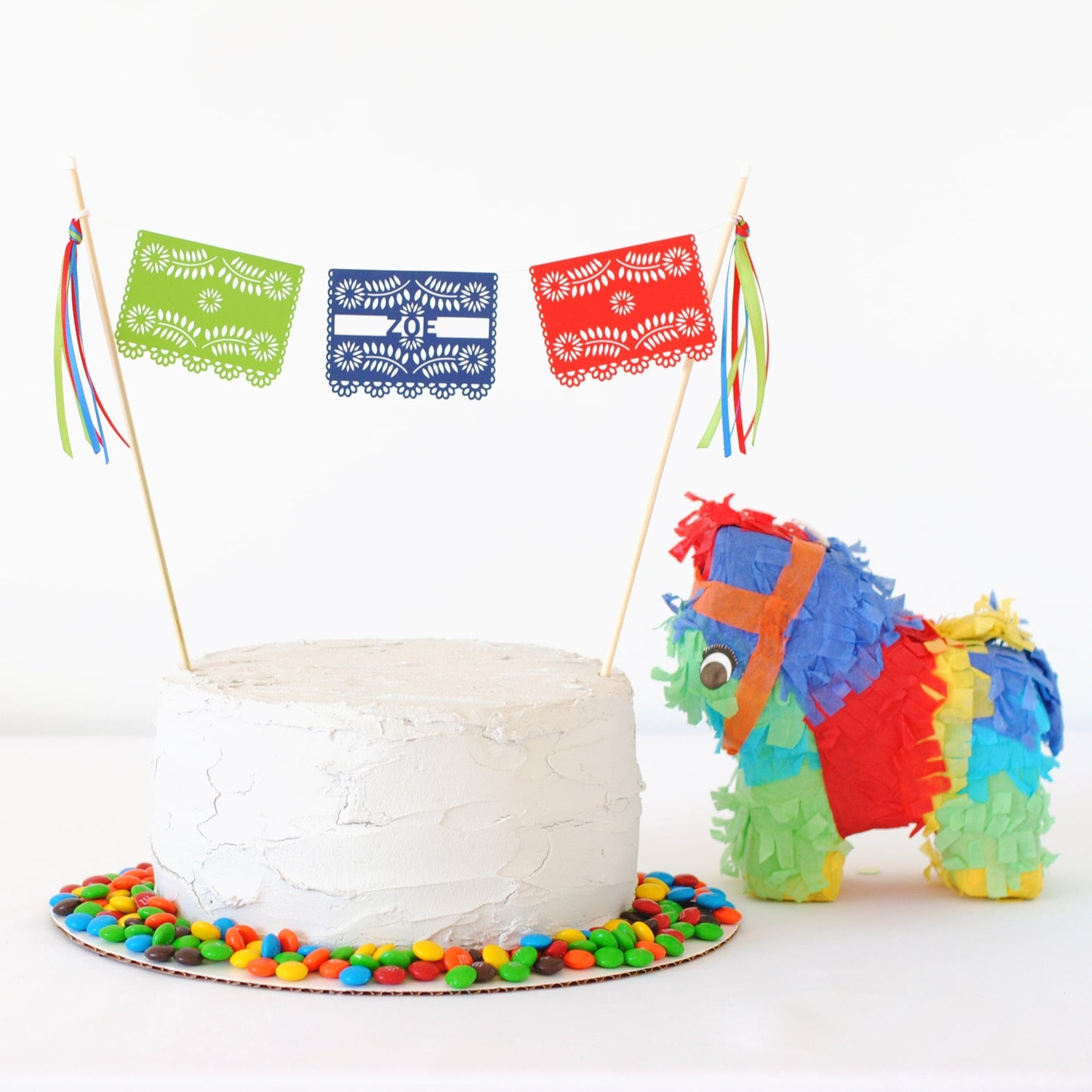 
                  
                    papel picado mexican fiesta baby shower cake topper personalized with baby name
                  
                