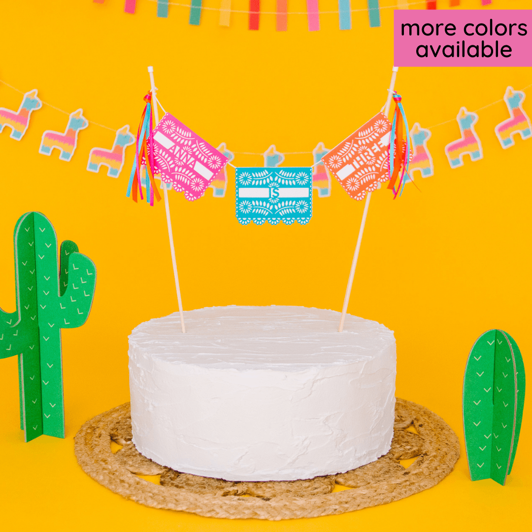 papel picado style Mexican fiesta cake topper personalized for birthday party