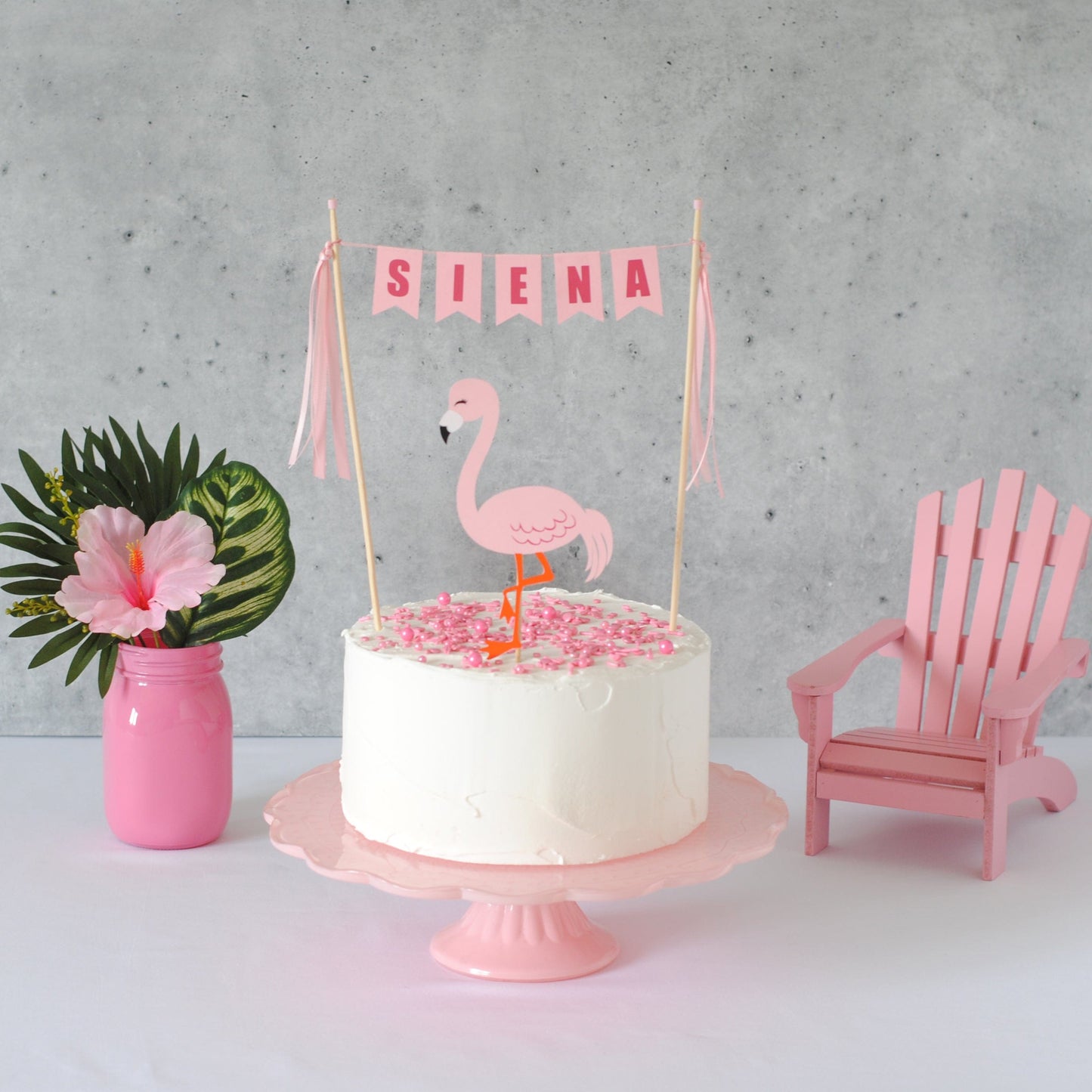 
                  
                    pink flamingo cake topper set with personalized name cake banner
                  
                