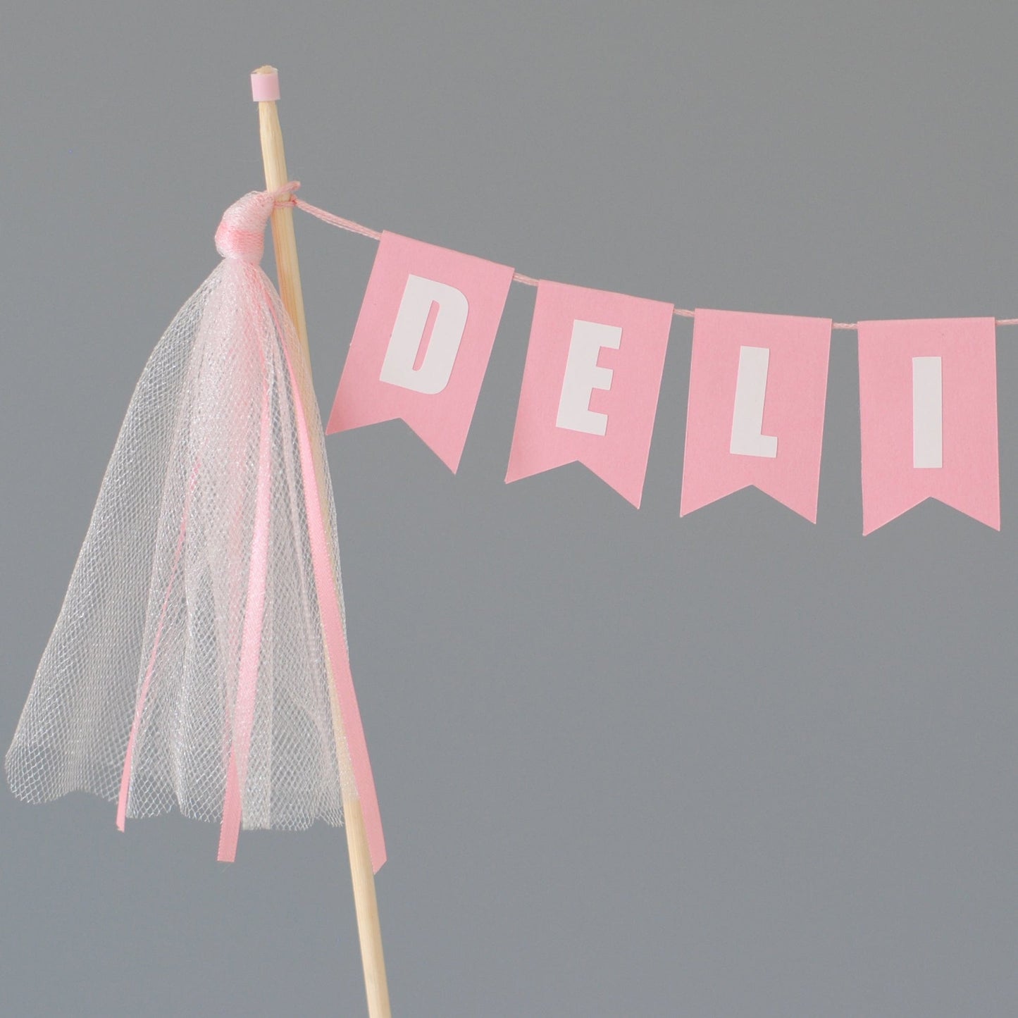 
                  
                    close-up of girls birthday cake banner personalized name and pink tulle tassels
                  
                