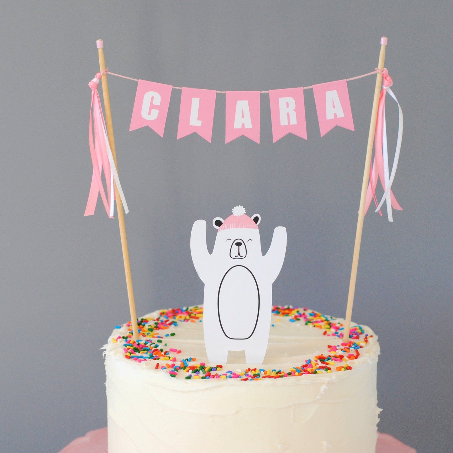 
                  
                    pink and white polar bear cake topper set  with personalized name banner
                  
                
