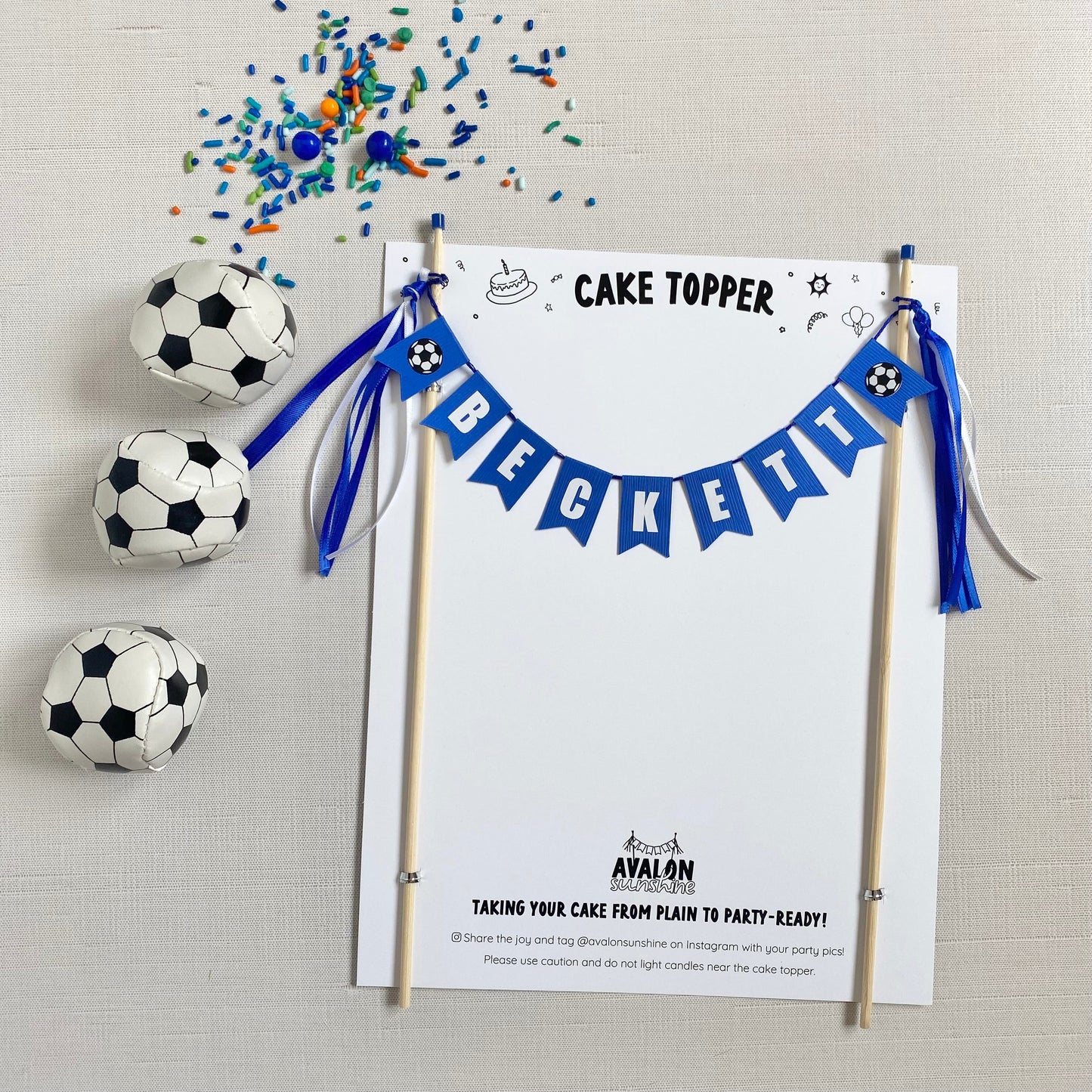 
                  
                    blue and white soccer cake topper for soccer theme birthday party personalized with name
                  
                
