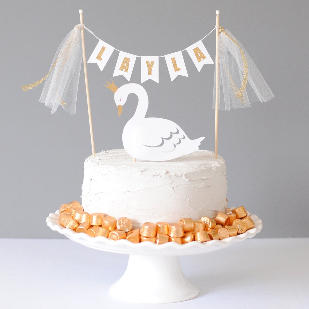 personalized cake topper with swan topper for swan theme birthday cake made by Avalon Sunshine