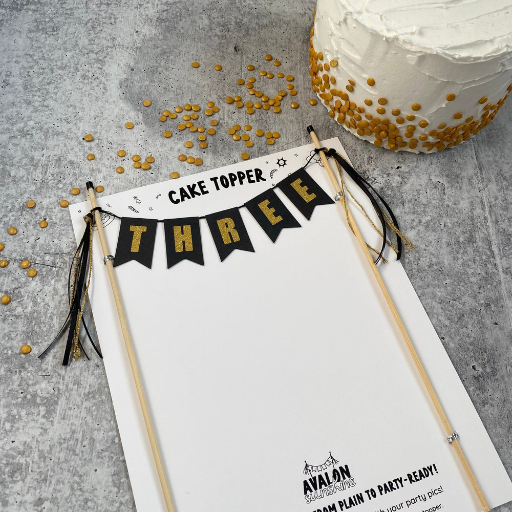
                  
                    three cake topper for third birthday black and gold | persnalized cake toppers by Avalon Sunshine
                  
                
