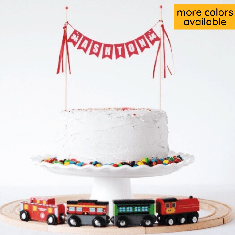 personalized train cake topper with toy train around the cake | personalized cake toppers by Avalon Sunshine