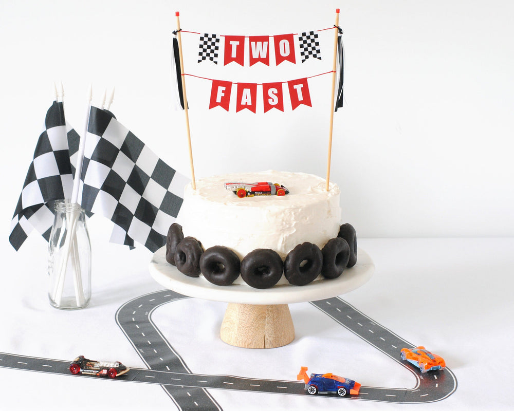 
                  
                    TWO FAST theme birthday cake with racing flags | personalized cake topper by Avalon Sunshine
                  
                